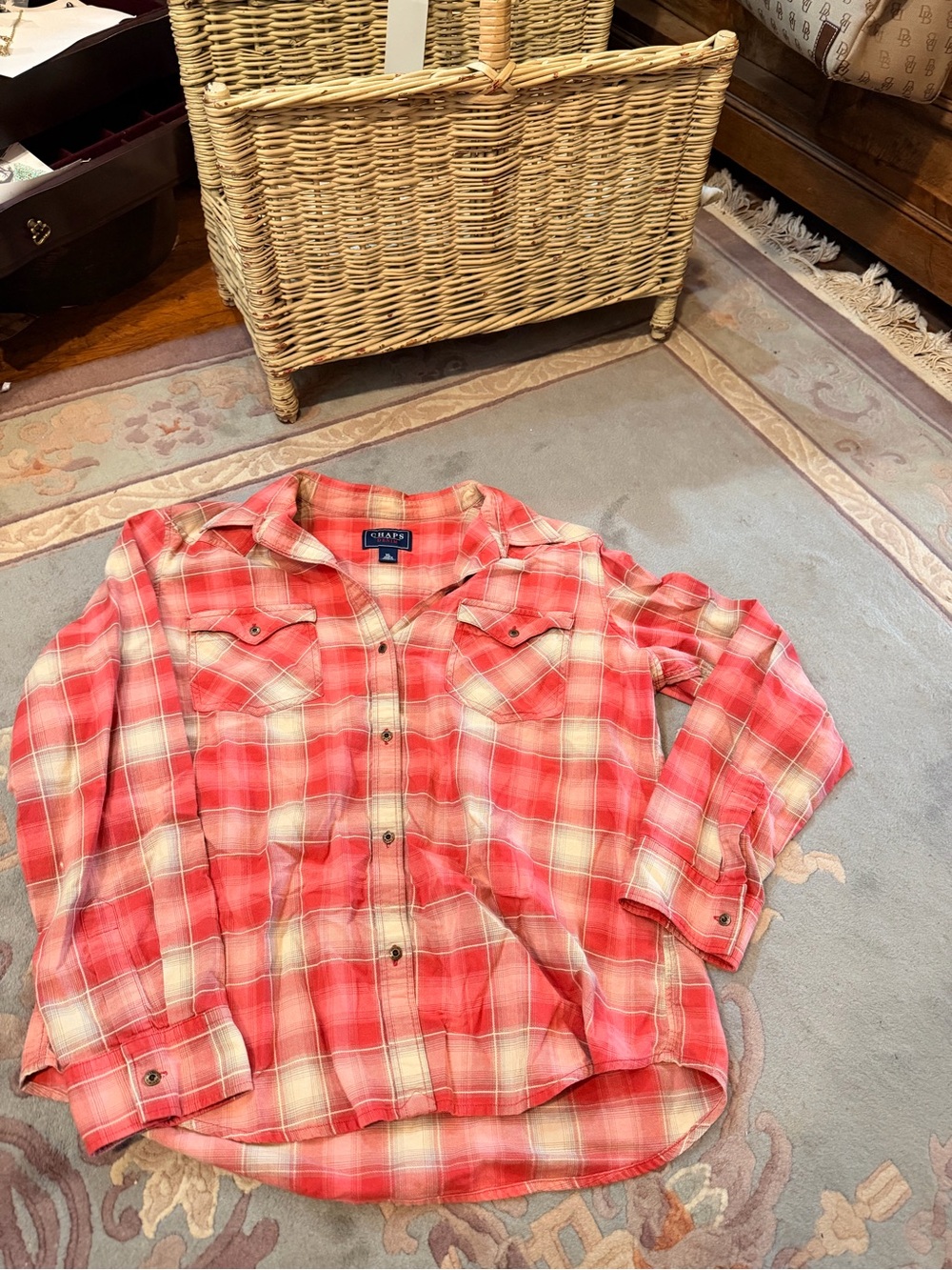 Chaps Red and Cream Plaid Button-Up Shirt